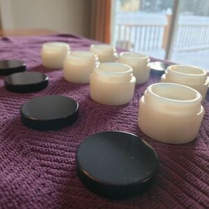 Set of 7 VINTAGE White "Milk" Glass Jars with Black Metal Lids